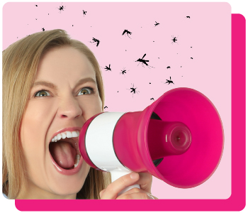 woman with megaphone screaming at mosquitoes with pink background